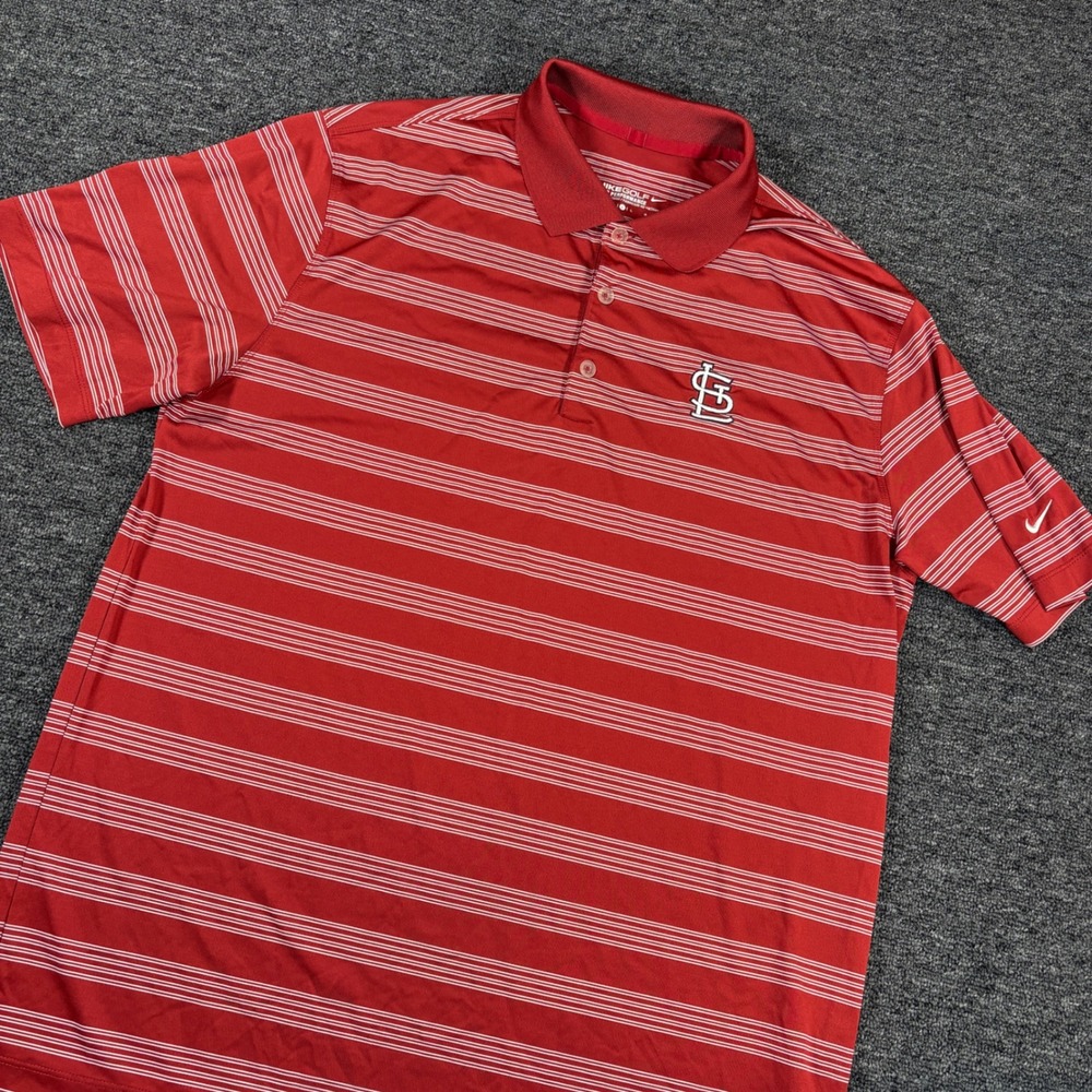 Nike Tour Golf Polo Mens L Red Striped St. Louis Cardinals Dri-FIT Short Sleeve